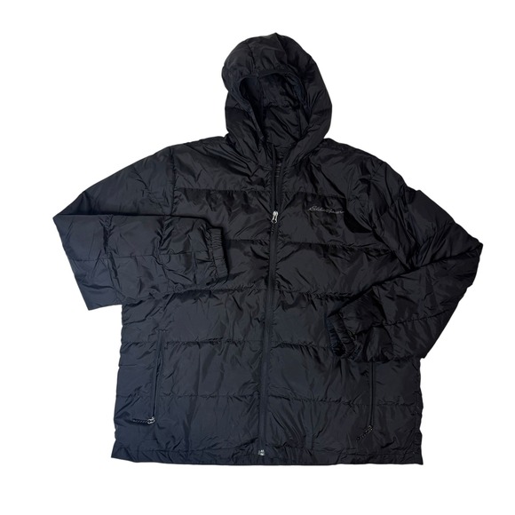 Eddie Bauer Mens XXL Black Down Puffer Jacket Hooded Winter Coat EB650 - Picture 1 of 10